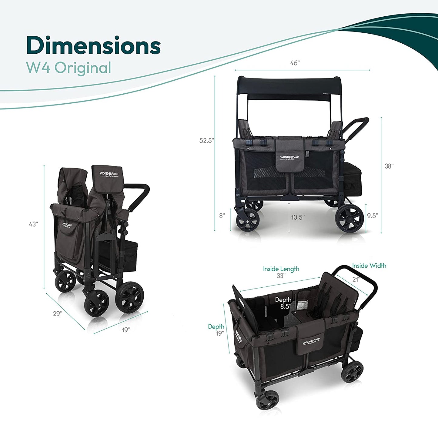 W4 Original Stroller Wagon - Foldable Wagon with 5 Point Harness - Adjustable Canopy & Deep Carriage - All-Terrain Wheels - for Babies, Toddlers & Kids - 4 Seater - Black