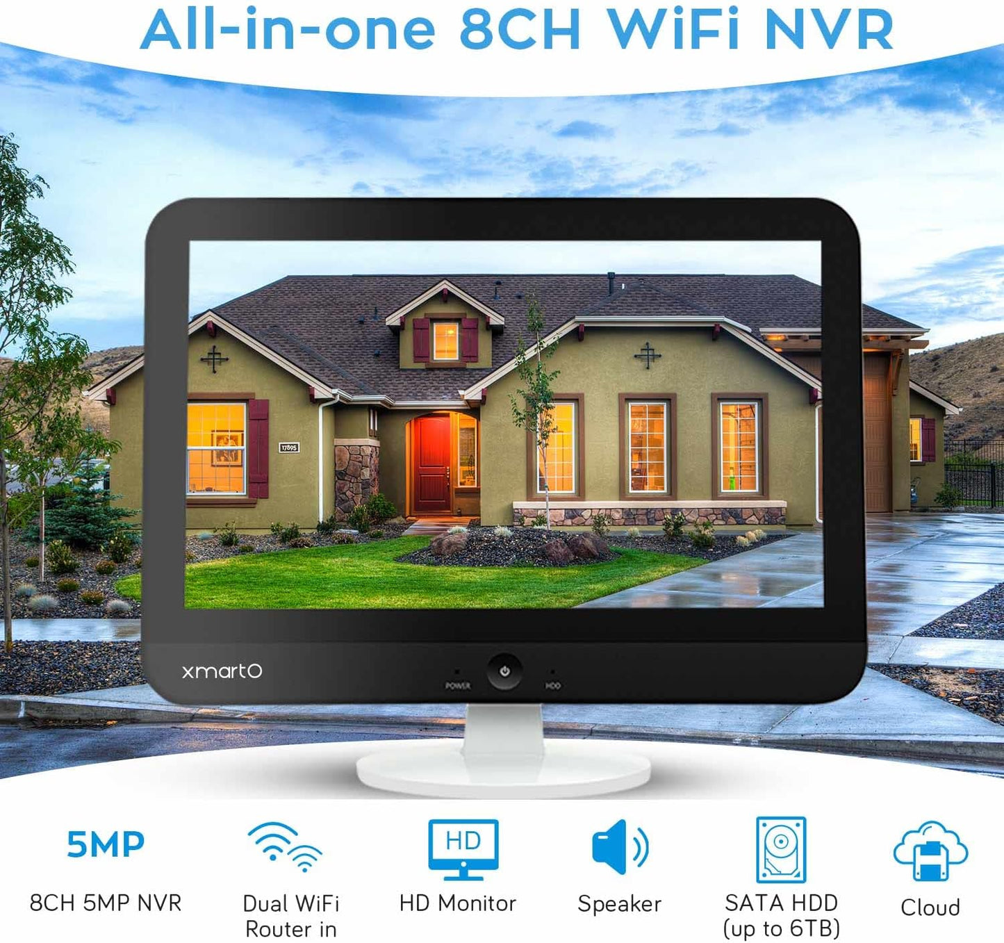 Wireless Security Camera System with HD Monitor NVR and 4X 2-Way Audio Home Surveillance Cameras (8CH 5MP Full-Size NVR, 1TB Hard Disk and Cloud Storage, Compatible with Alexa, Plug N Play)