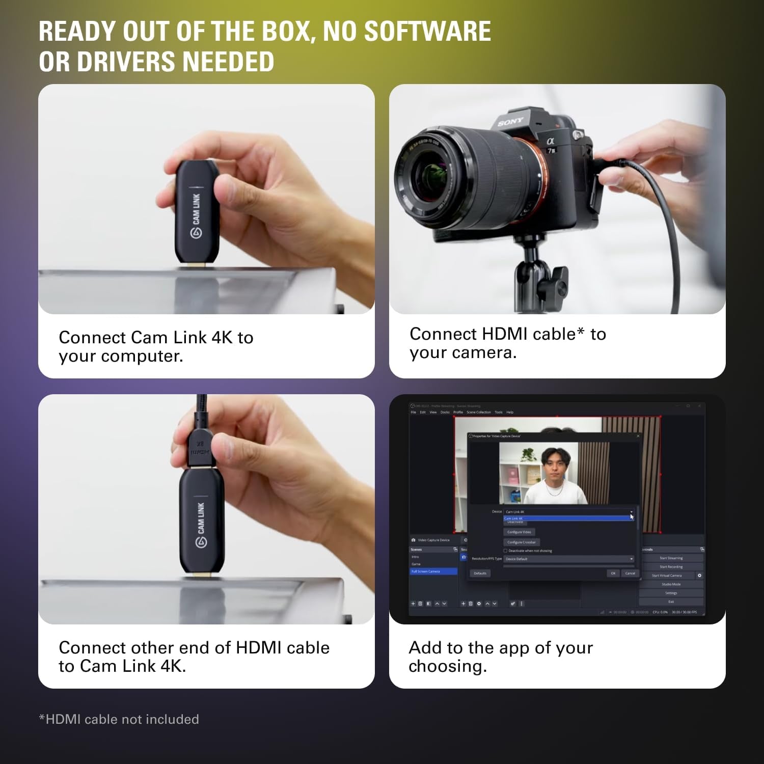 Cam Link 4K – External Capture Card for DSLR & Camcorder, Actioncam as Webcam, Meet/Stream/Record in 1080P60 or 4K30/4K60, Easy Connect for Obs/Zoom/Discord – HDMI to USB 3.0, Pc/Mac/Ipad