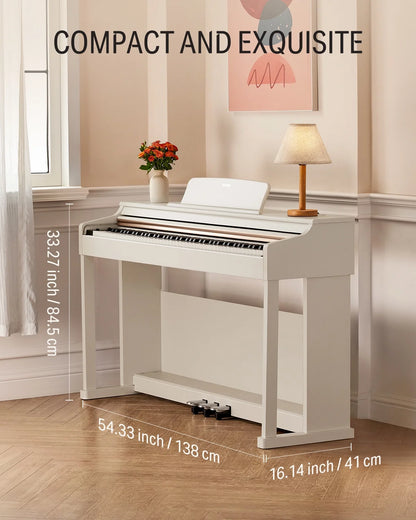 DDP-100 88-Key Weighted Action Digital Piano for Beginner Bundle with Piano Keyboard Stand, Power Adapter, Triple Pedals, MP3 Function, USB-MIDI, 2 Headphone Jacks, White, Melodics Lessons