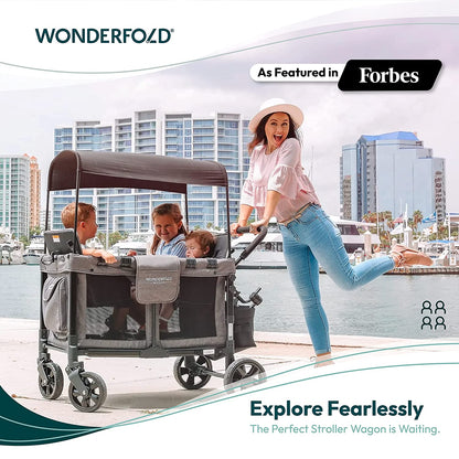 W4 Original Stroller Wagon - Foldable Wagon with 5 Point Harness - Adjustable Canopy & Deep Carriage - All-Terrain Wheels - for Babies, Toddlers & Kids - 4 Seater - Black