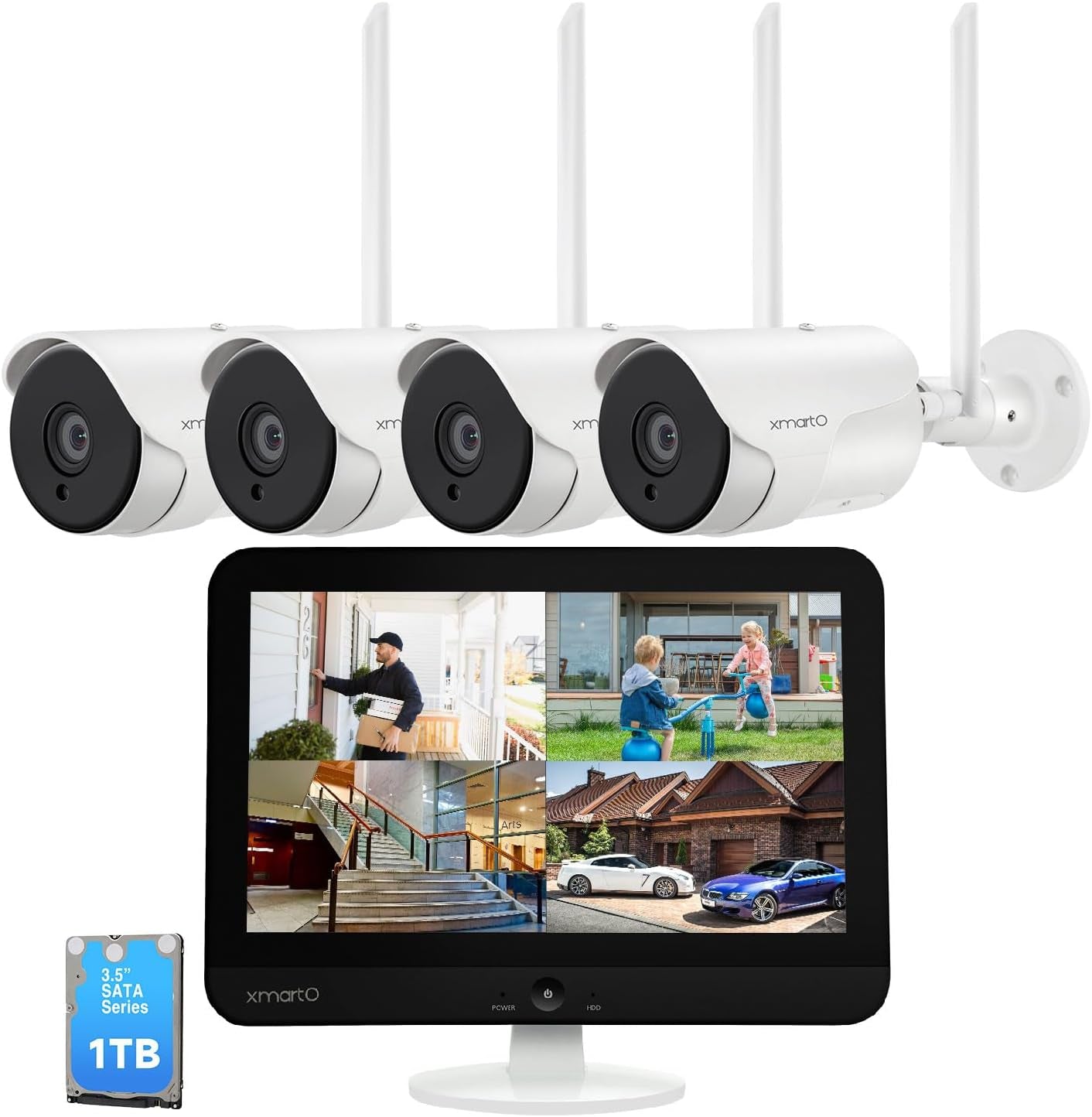 Wireless Security Camera System with HD Monitor NVR and 4X 2-Way Audio Home Surveillance Cameras (8CH 5MP Full-Size NVR, 1TB Hard Disk and Cloud Storage, Compatible with Alexa, Plug N Play)