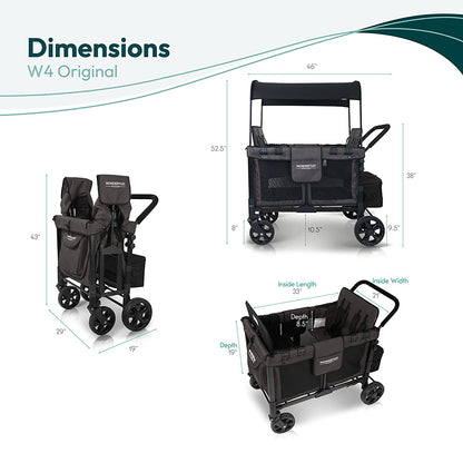 W4 Original Stroller Wagon - Foldable Wagon with 5 Point Harness - Adjustable Canopy & Deep Carriage - All-Terrain Wheels - for Babies, Toddlers & Kids - 4 Seater - Black