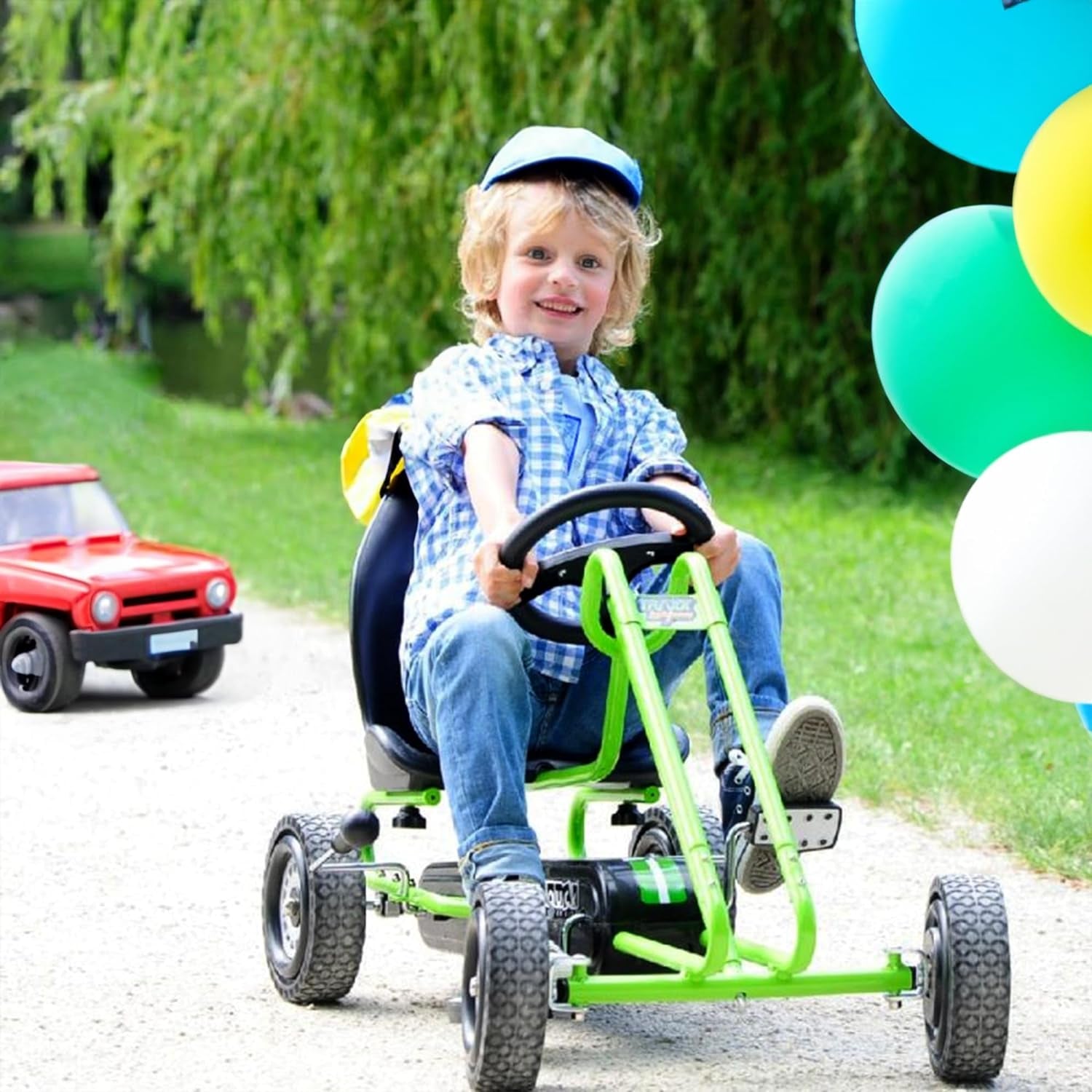 Kids Pedal Go Kart, 4 Wheel Bike Cart, Ride for Ages 4-8, Green- Outdoor Bicycle Karts with Plastic Wheels for Boys and Girls