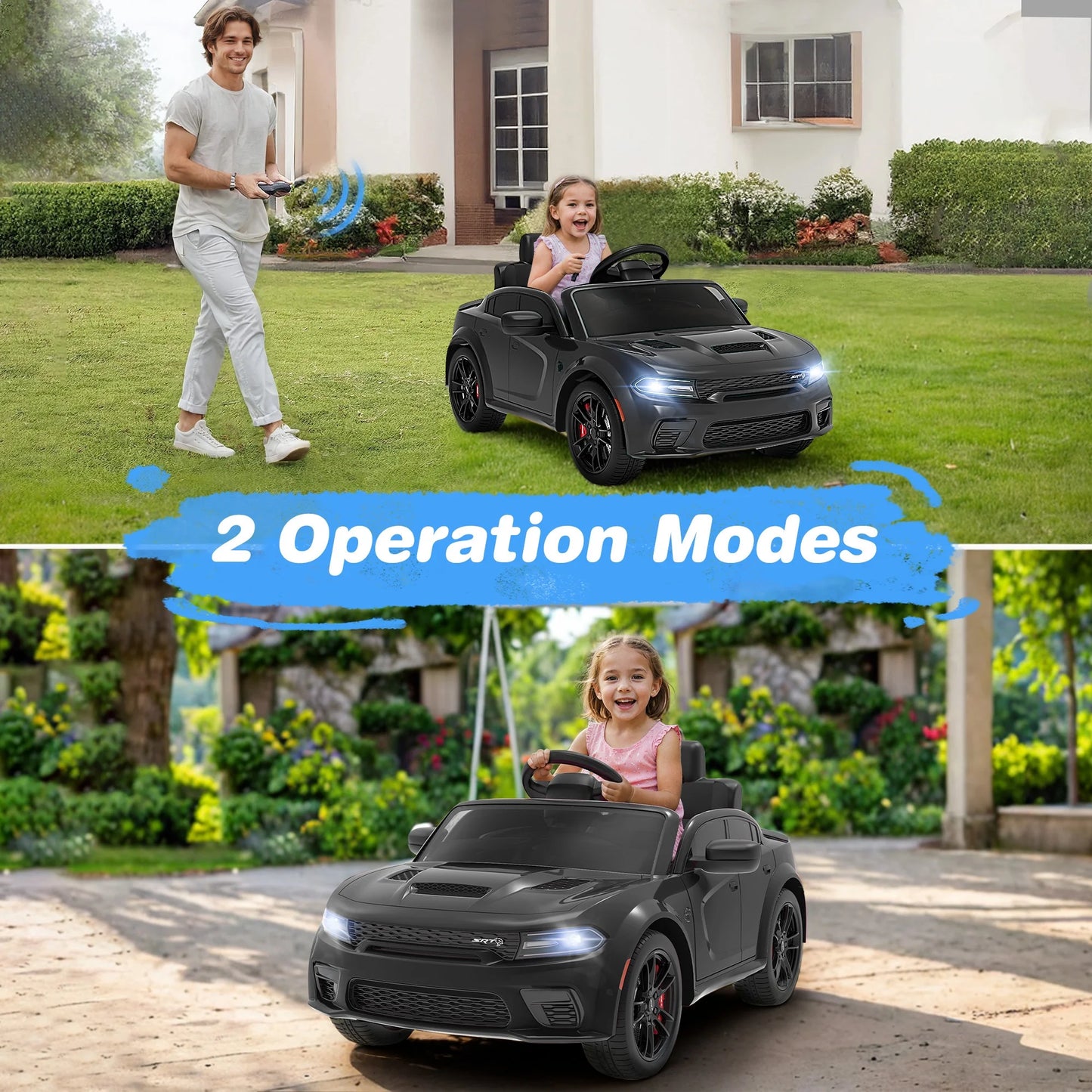 Dodge Electric Ride on Cars for Kids, 12V Licensed Dodge Charger Srt Hellcat Powered Ride on Toy with Parent Remote Control, Electric Car for Boy 3-5 W/Music Player/Led Light/Safety Belt, Black