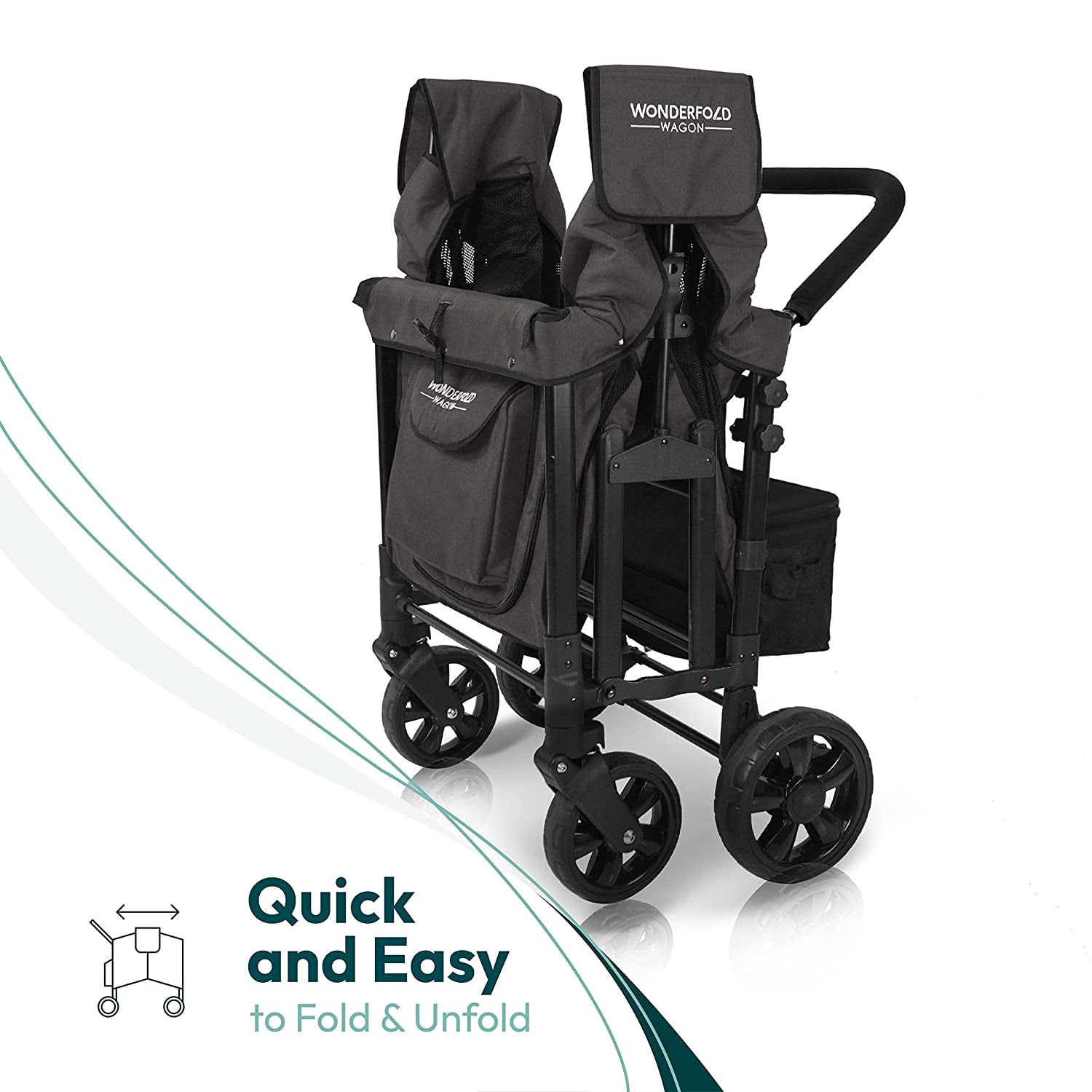 W4 Original Stroller Wagon - Foldable Wagon with 5 Point Harness - Adjustable Canopy & Deep Carriage - All-Terrain Wheels - for Babies, Toddlers & Kids - 4 Seater - Black