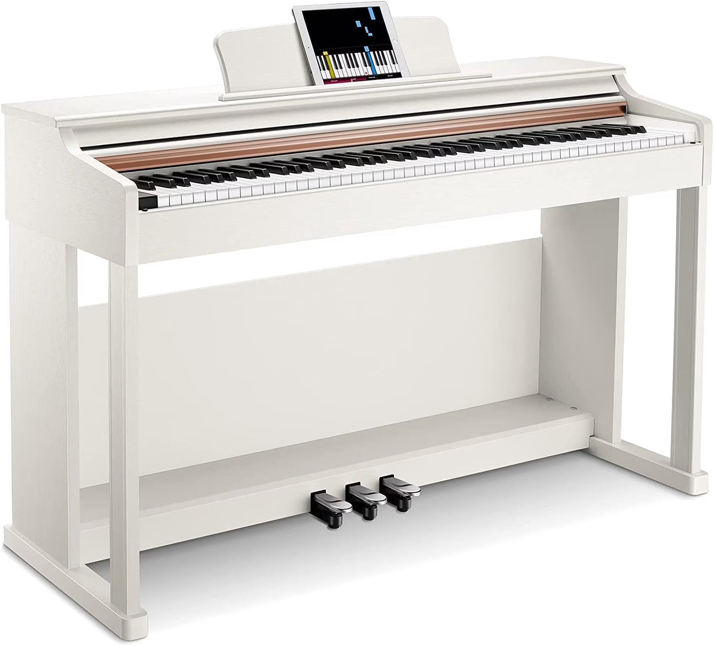 DDP-100 88-Key Weighted Action Digital Piano for Beginner Bundle with Piano Keyboard Stand, Power Adapter, Triple Pedals, MP3 Function, USB-MIDI, 2 Headphone Jacks, White, Melodics Lessons