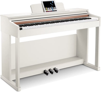 DDP-100 88-Key Weighted Action Digital Piano for Beginner Bundle with Piano Keyboard Stand, Power Adapter, Triple Pedals, MP3 Function, USB-MIDI, 2 Headphone Jacks, White, Melodics Lessons