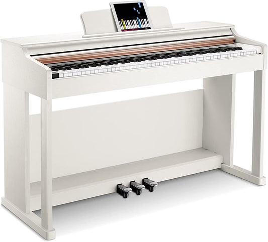 DDP-100 88-Key Weighted Action Digital Piano for Beginner Bundle with Piano Keyboard Stand, Power Adapter, Triple Pedals, MP3 Function, USB-MIDI, 2 Headphone Jacks, White, Melodics Lessons