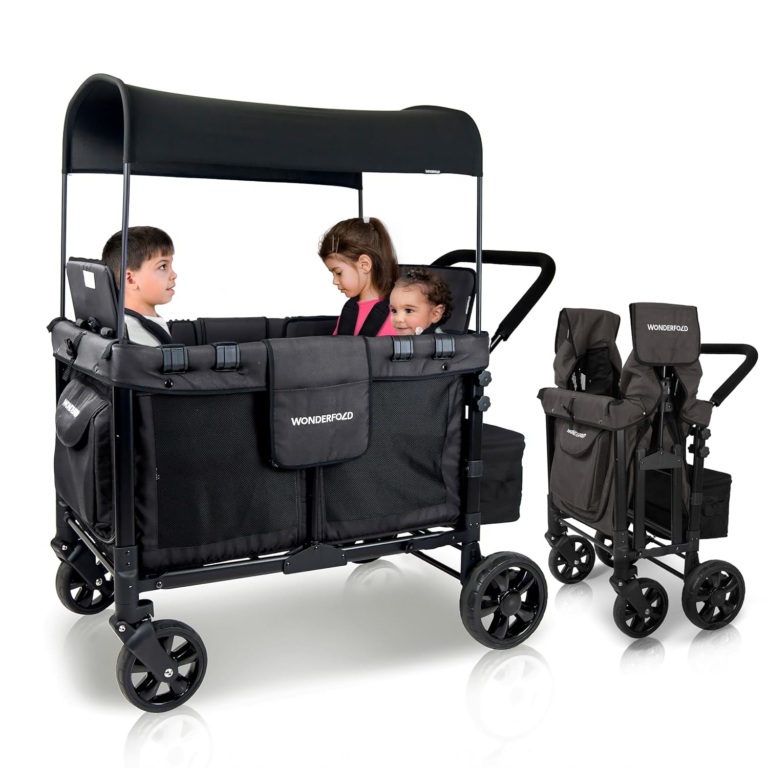 W4 Original Stroller Wagon - Foldable Wagon with 5 Point Harness - Adjustable Canopy & Deep Carriage - All-Terrain Wheels - for Babies, Toddlers & Kids - 4 Seater - Black