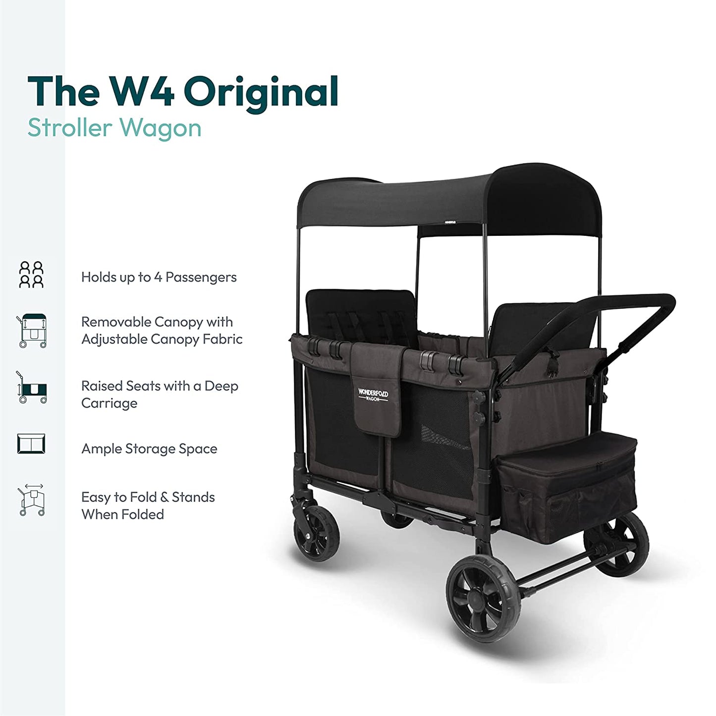 W4 Original Stroller Wagon - Foldable Wagon with 5 Point Harness - Adjustable Canopy & Deep Carriage - All-Terrain Wheels - for Babies, Toddlers & Kids - 4 Seater - Black
